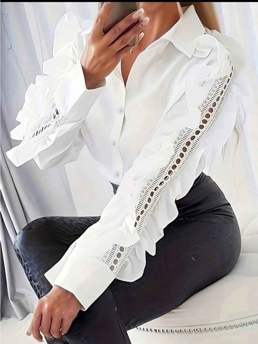 Classic White Ruffle Long Sleeve Button Down Up Shirt Top Blouse